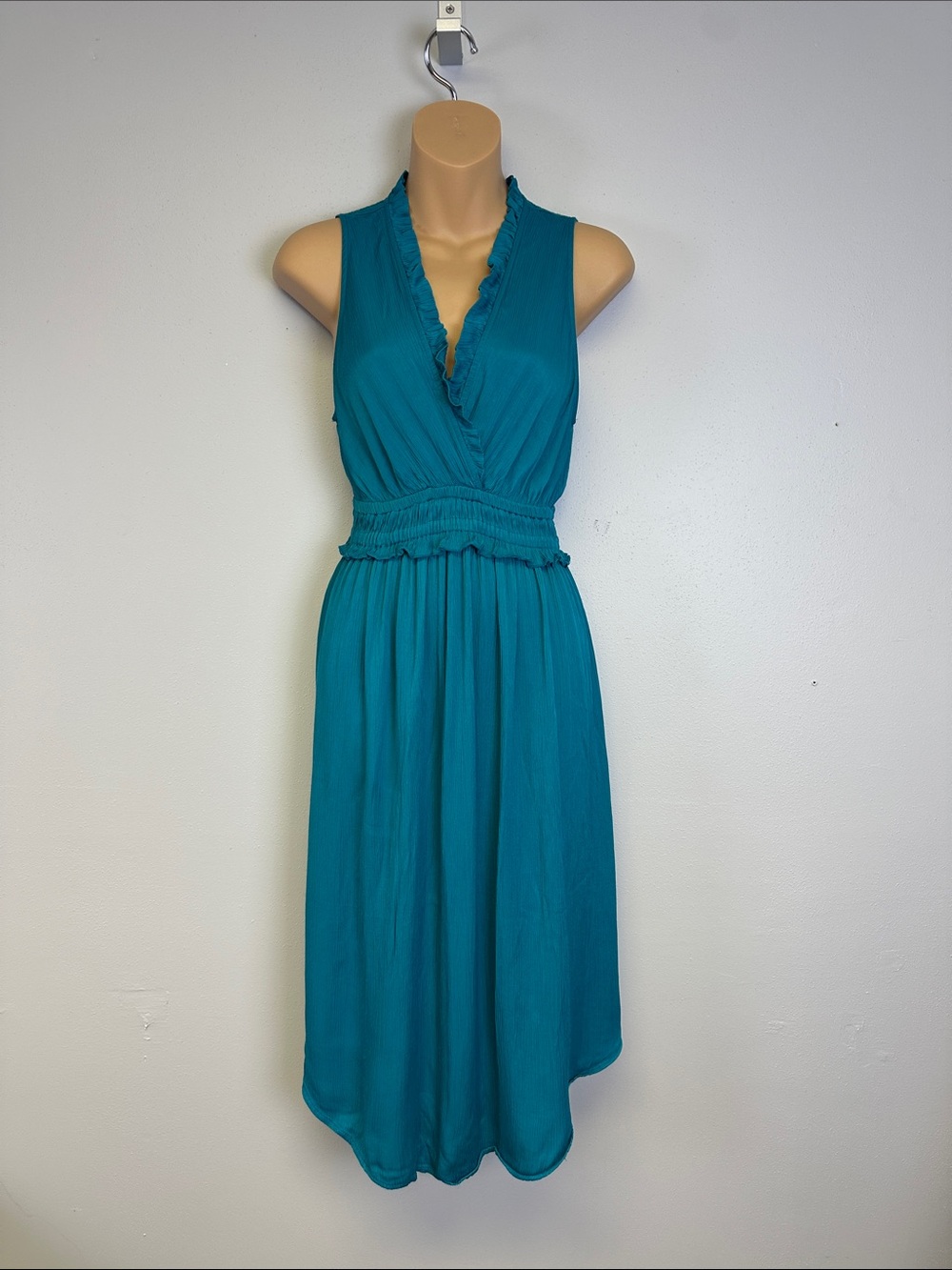 Maeve Teal Satiny Sleeveless Ruffle V-Neck Midi Dress